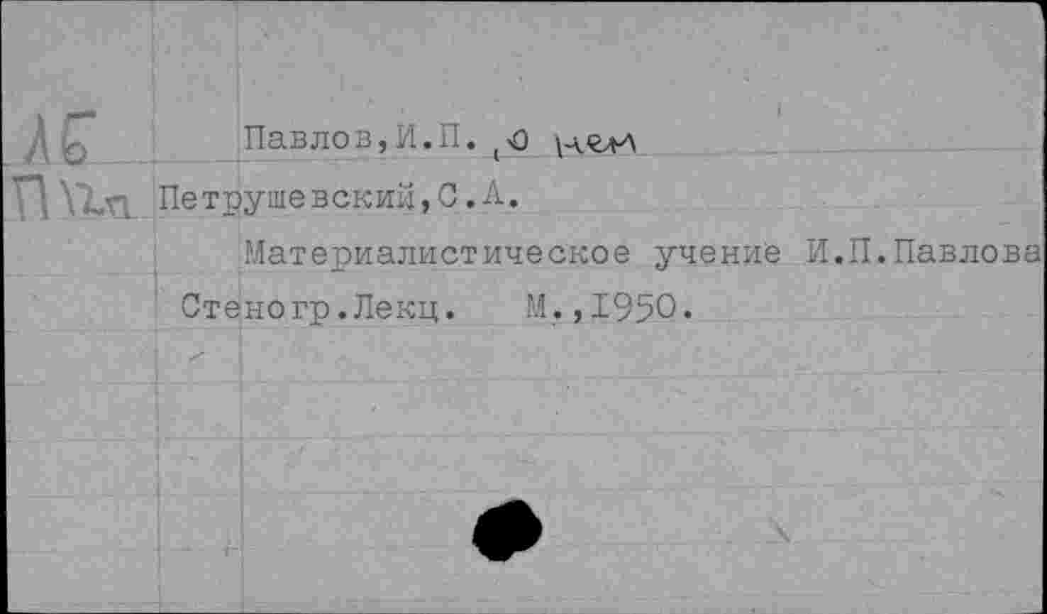 ﻿Павлов,И.П.
Петрушевский,0.А.
Материалистическое учение И.П.Павлова
Стеногр.Лекц. М.,1950.